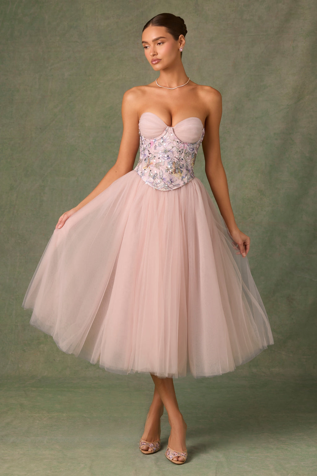 Chic Embellished Lace-Up Cupless Corset in Floral Pink
