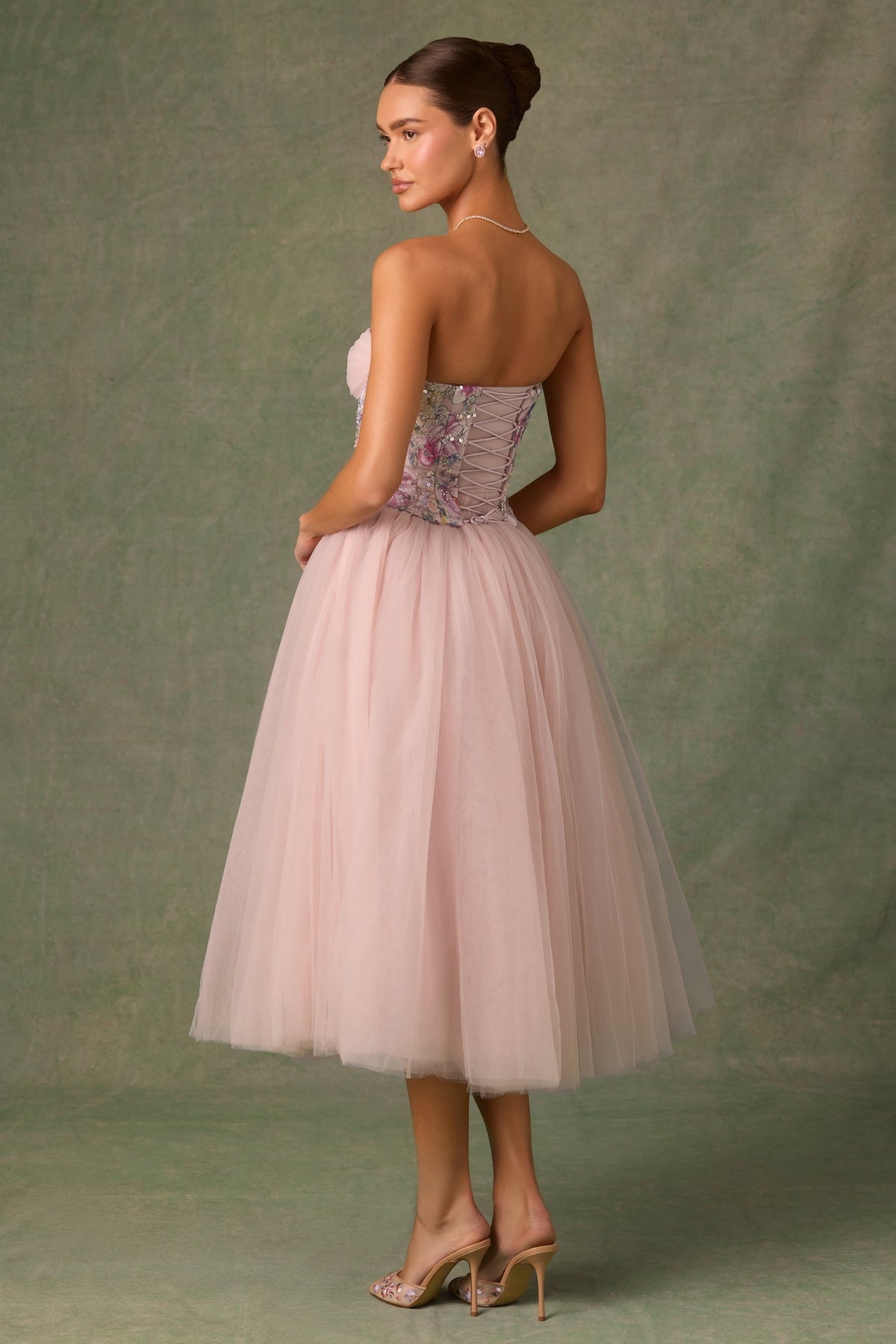 Chic Embellished Lace-Up Cupless Corset in Floral Pink