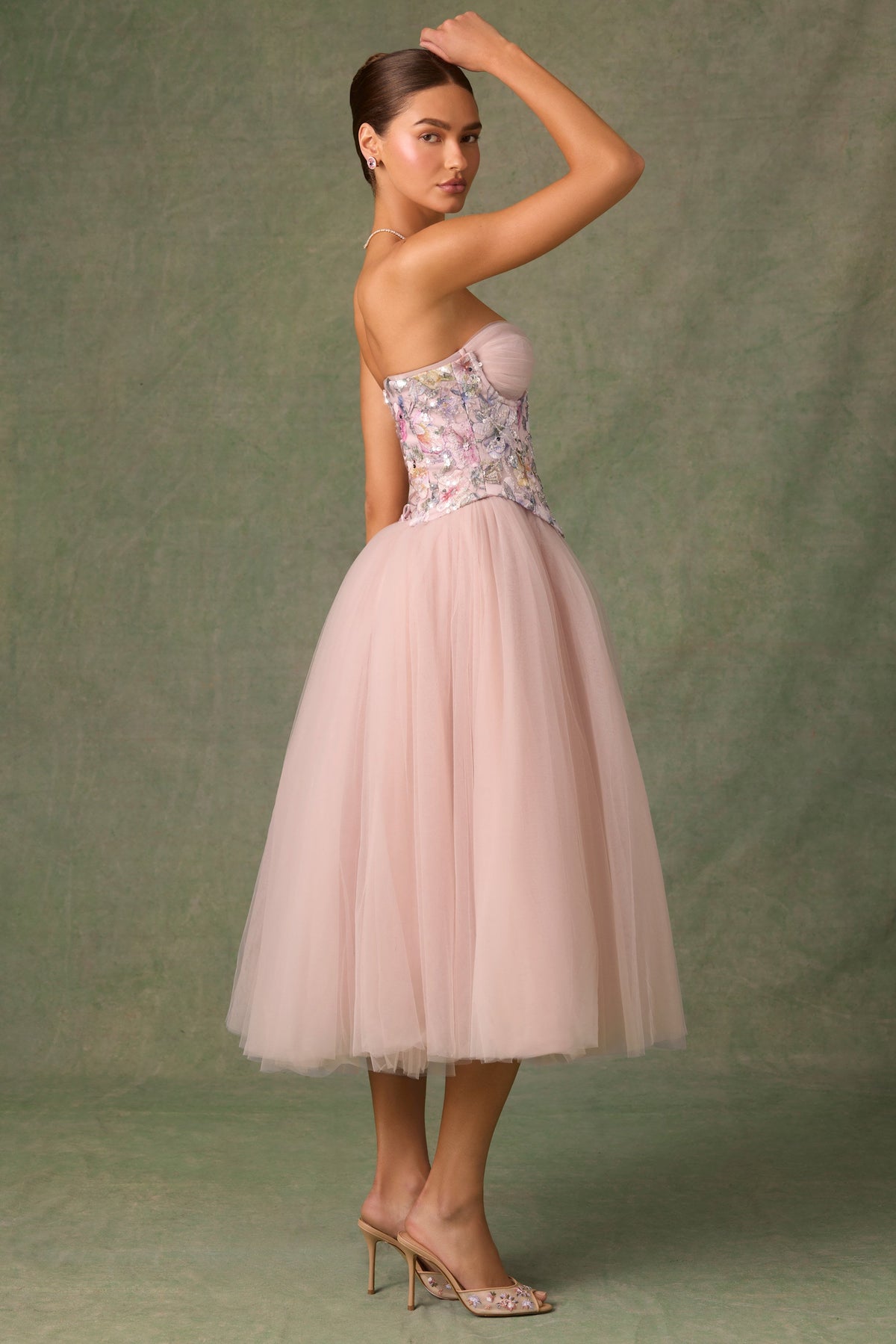 Chic Embellished Lace-Up Cupless Corset in Floral Pink