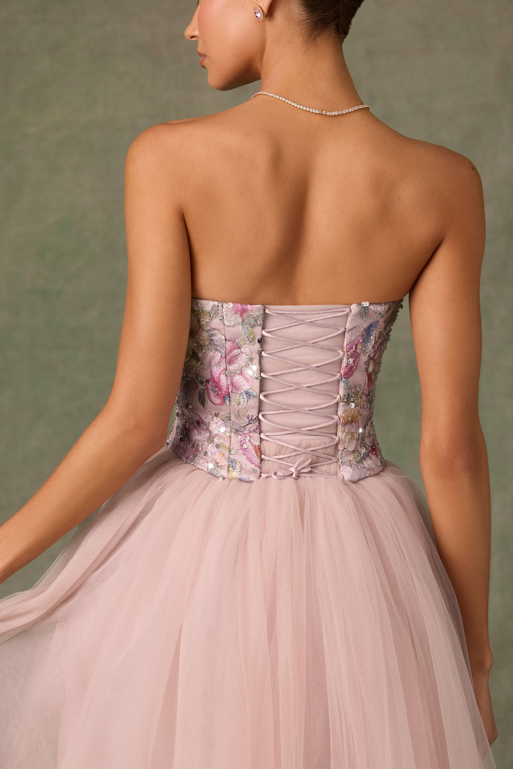 Chic Embellished Lace-Up Cupless Corset in Floral Pink