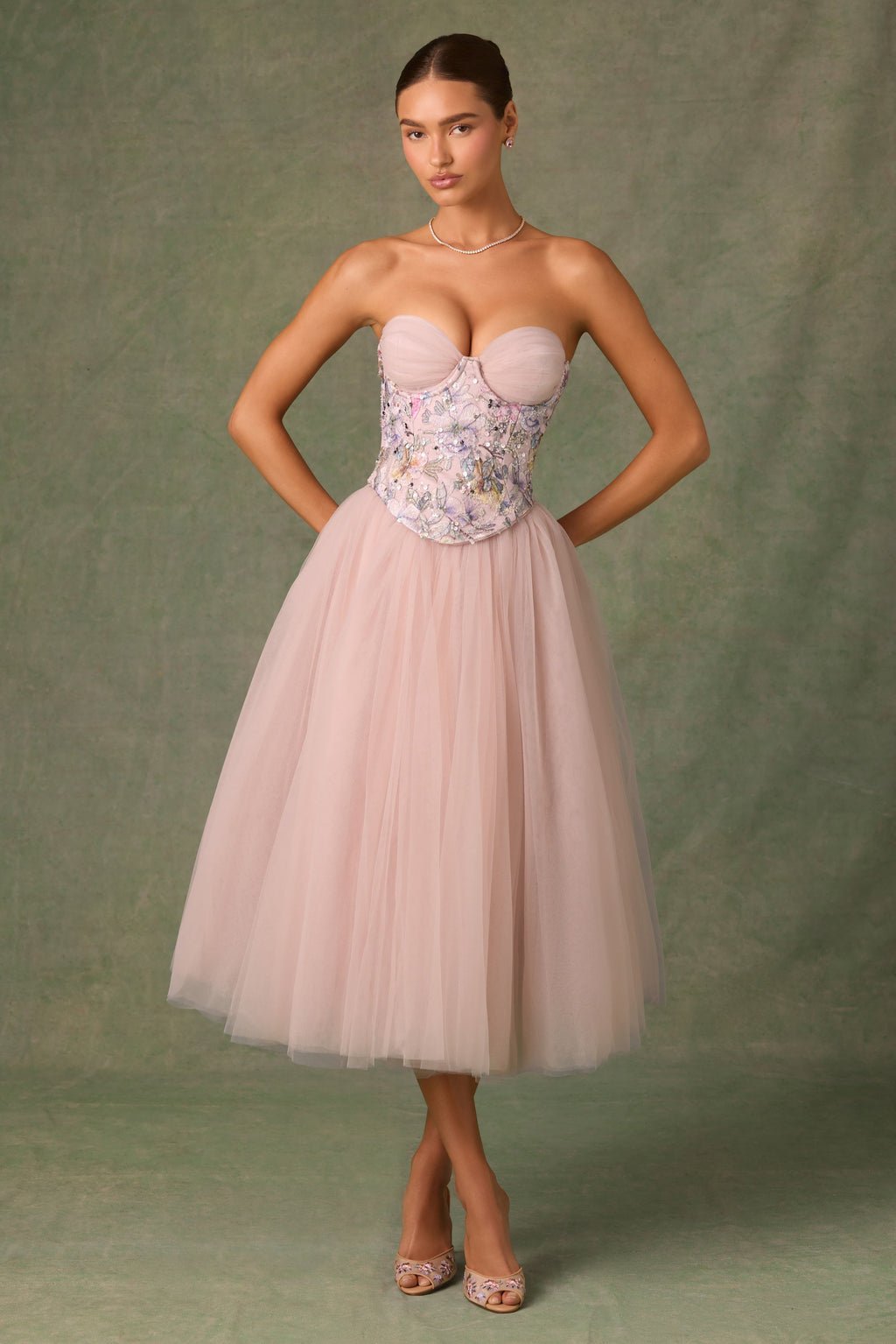Chic Embellished Lace-Up Cupless Corset in Floral Pink