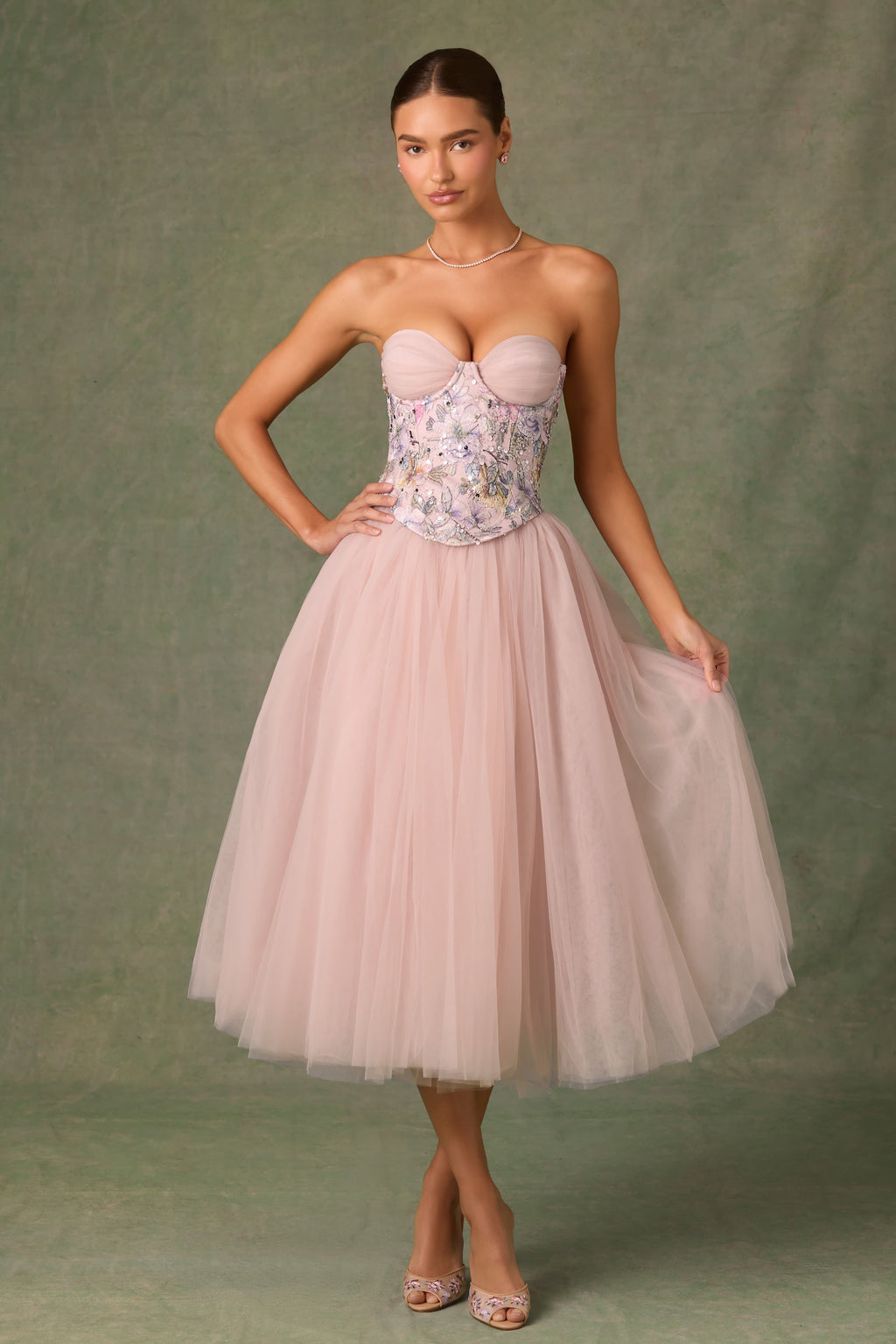 Chic Embellished Lace-Up Cupless Corset in Floral Pink