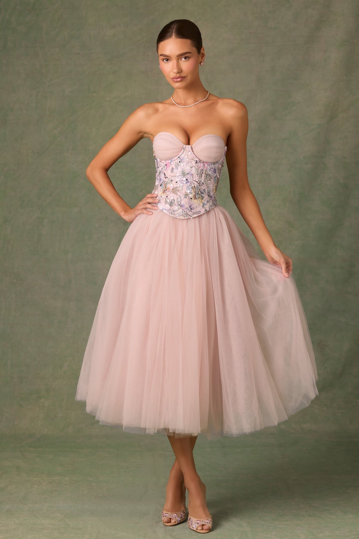 Chic Embellished Lace-Up Cupless Corset in Floral Pink