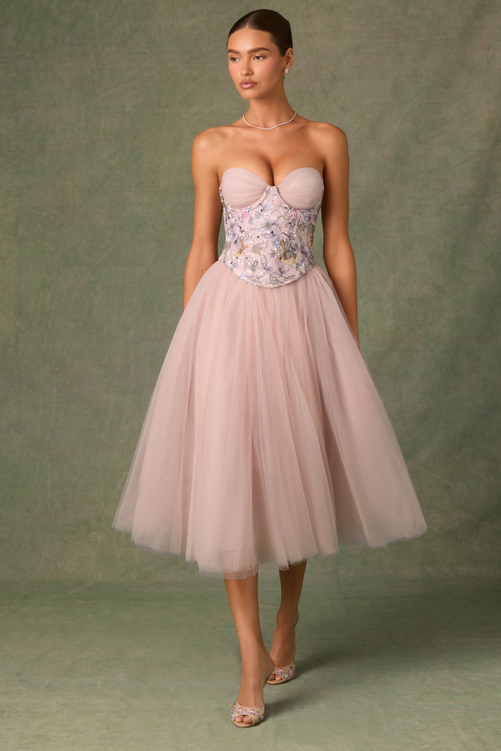 Chic Embellished Lace-Up Cupless Corset in Floral Pink