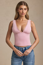 Chic Modal Plunge-Neck Scallop-Trim Tank Top in Soft Pink