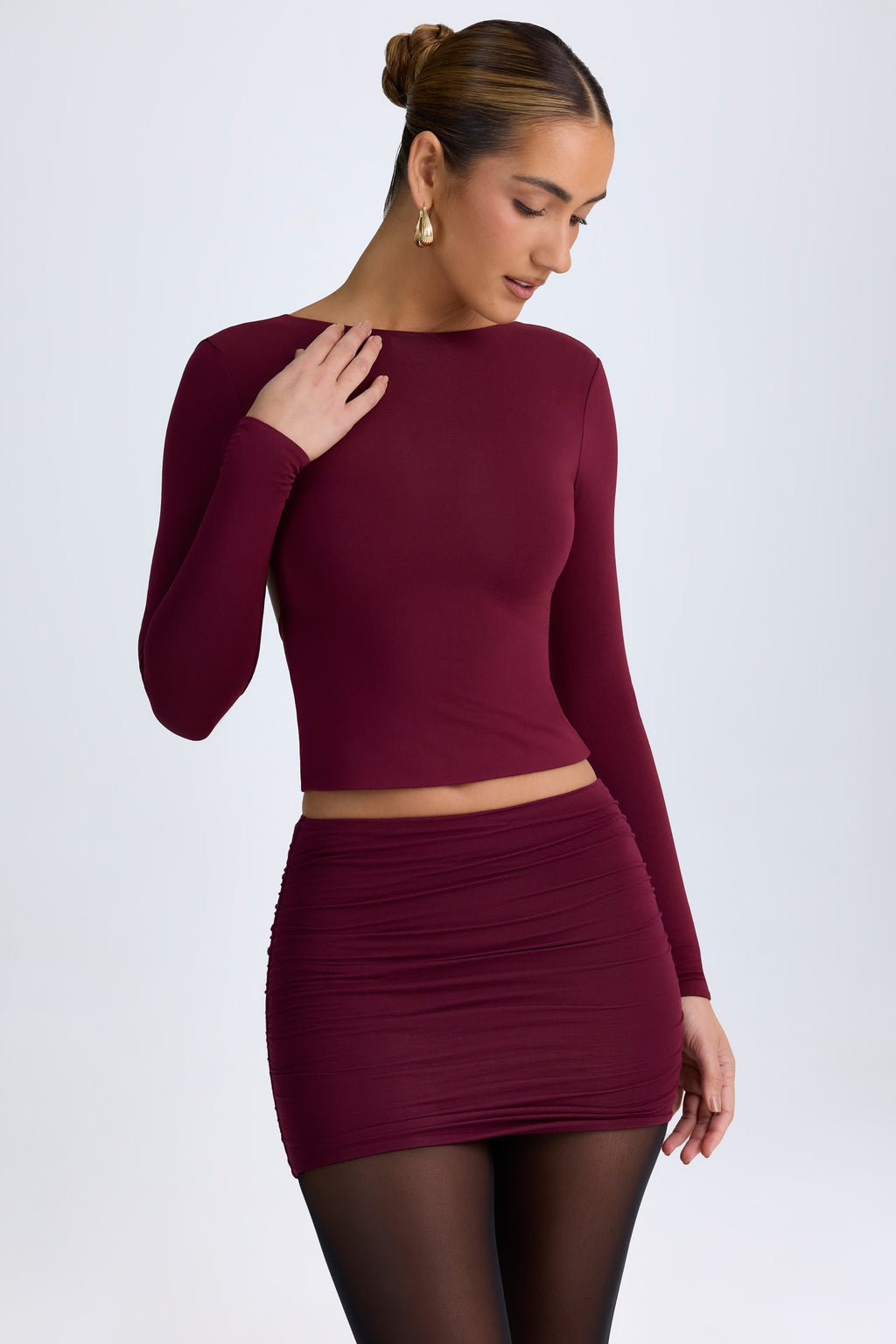 Chic Modal High Neck Long Sleeve Open Back Top in Wine Red