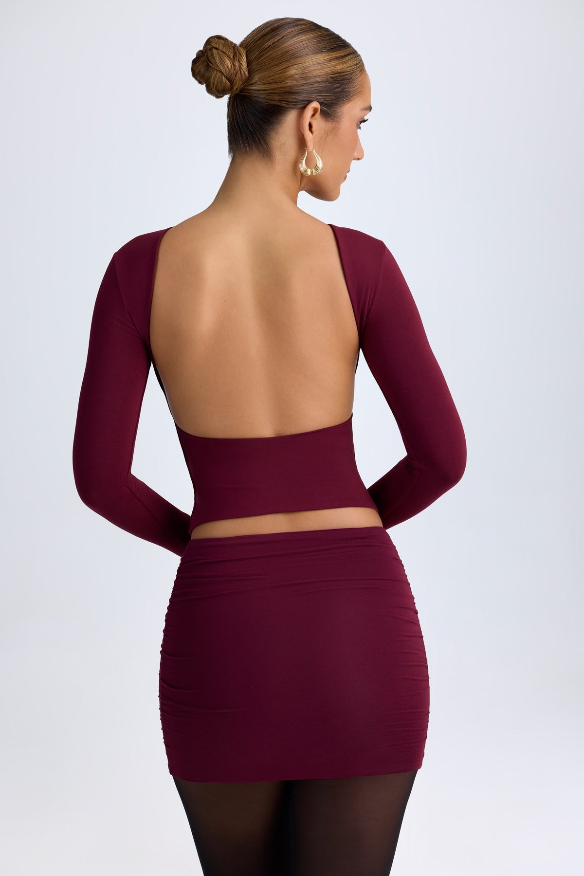 Chic Modal High Neck Long Sleeve Open Back Top in Wine Red
