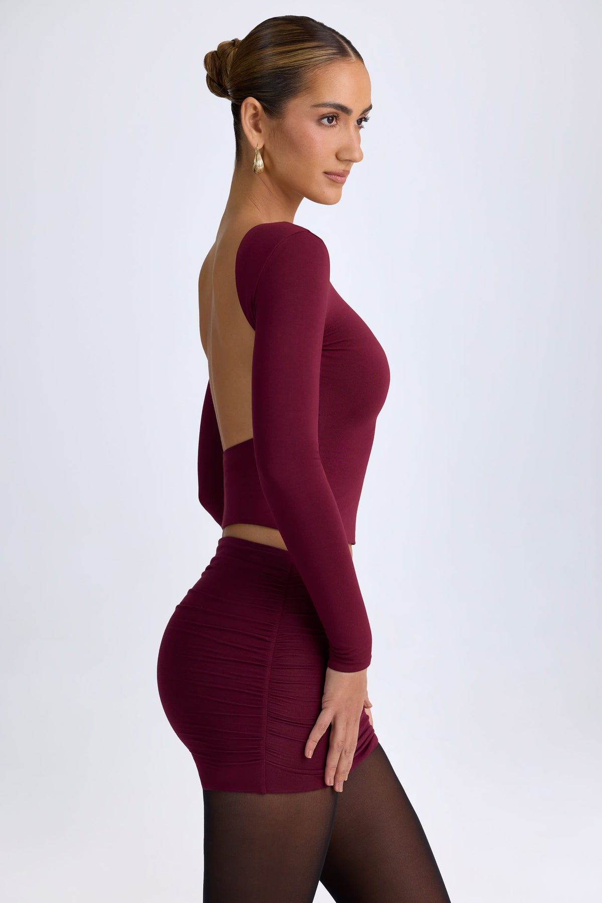 Chic Modal High Neck Long Sleeve Open Back Top in Wine Red