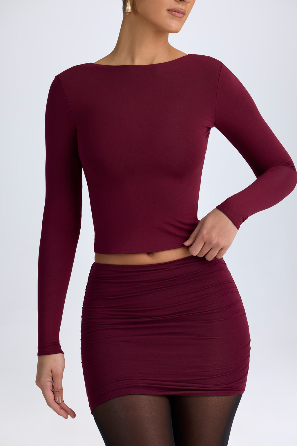 Chic Modal High Neck Long Sleeve Open Back Top in Wine Red