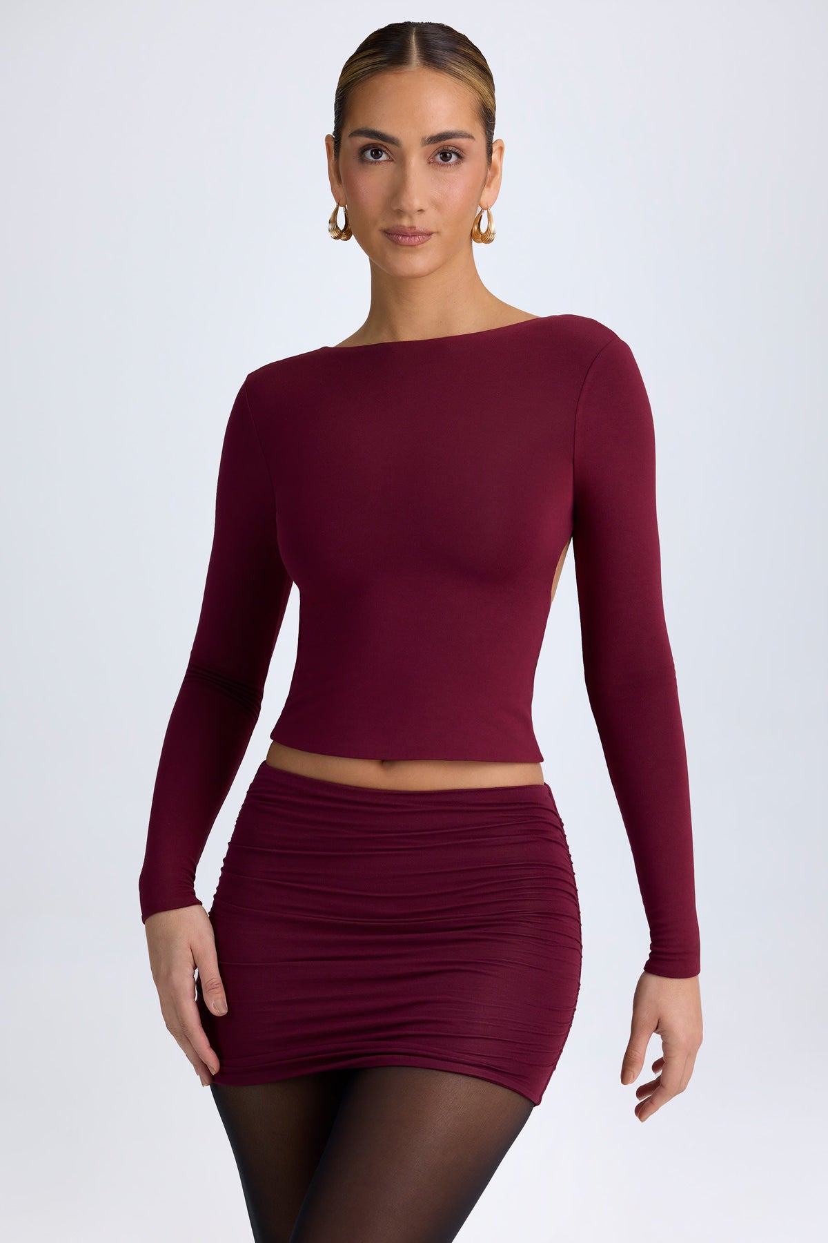 Chic Modal High Neck Long Sleeve Open Back Top in Wine Red