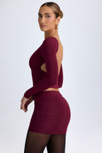 Chic Modal High Neck Long Sleeve Open Back Top in Wine Red