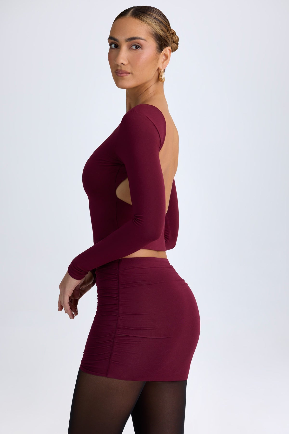 Chic Modal High Neck Long Sleeve Open Back Top in Wine Red