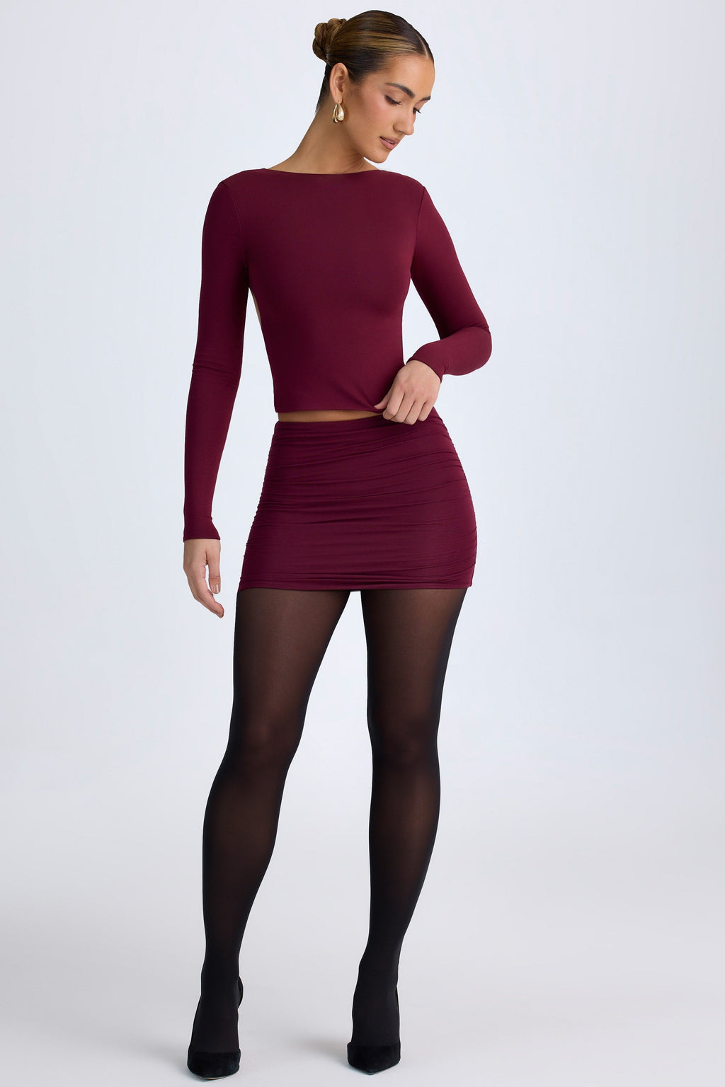 Chic Modal High Neck Long Sleeve Open Back Top in Wine Red
