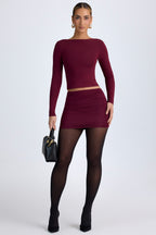Chic Modal High Neck Long Sleeve Open Back Top in Wine Red