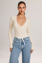 Chic Modal Plunge Long-Sleeve Bodysuit in Ivory