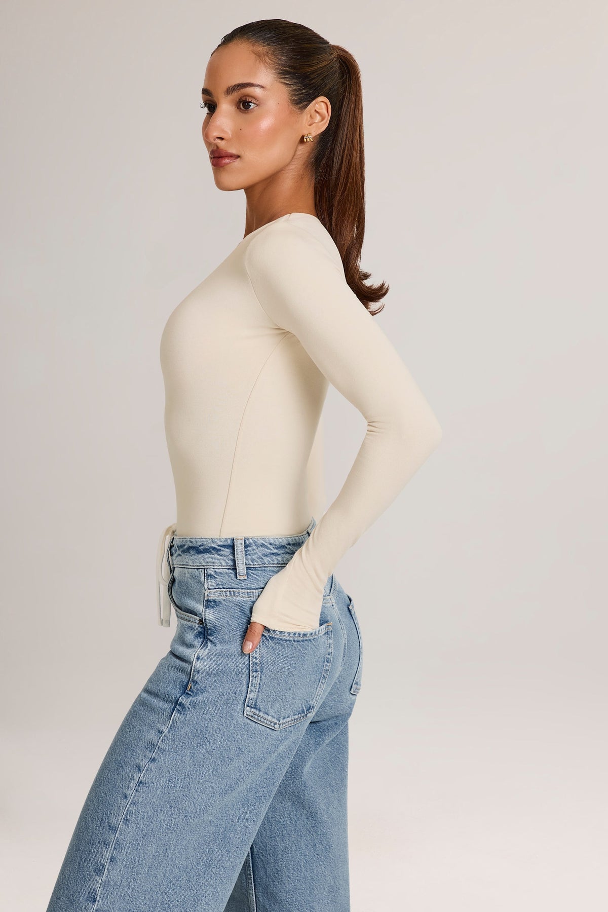 Chic Modal Plunge Long-Sleeve Bodysuit in Ivory