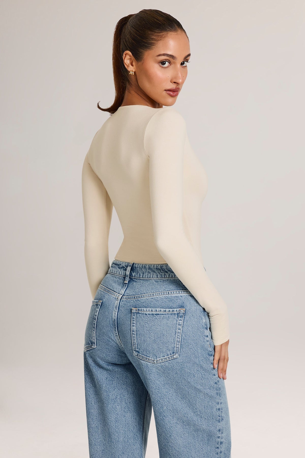 Chic Modal Plunge Long-Sleeve Bodysuit in Ivory
