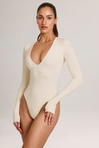 Chic Modal Plunge Long-Sleeve Bodysuit in Ivory