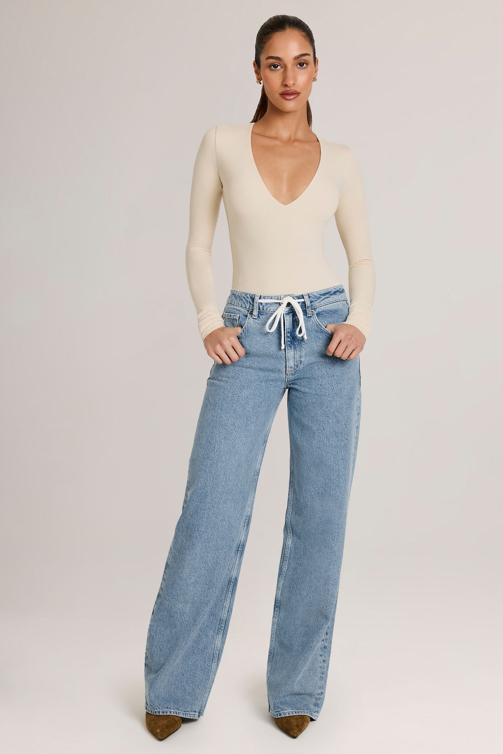 Chic Modal Plunge Long-Sleeve Bodysuit in Ivory