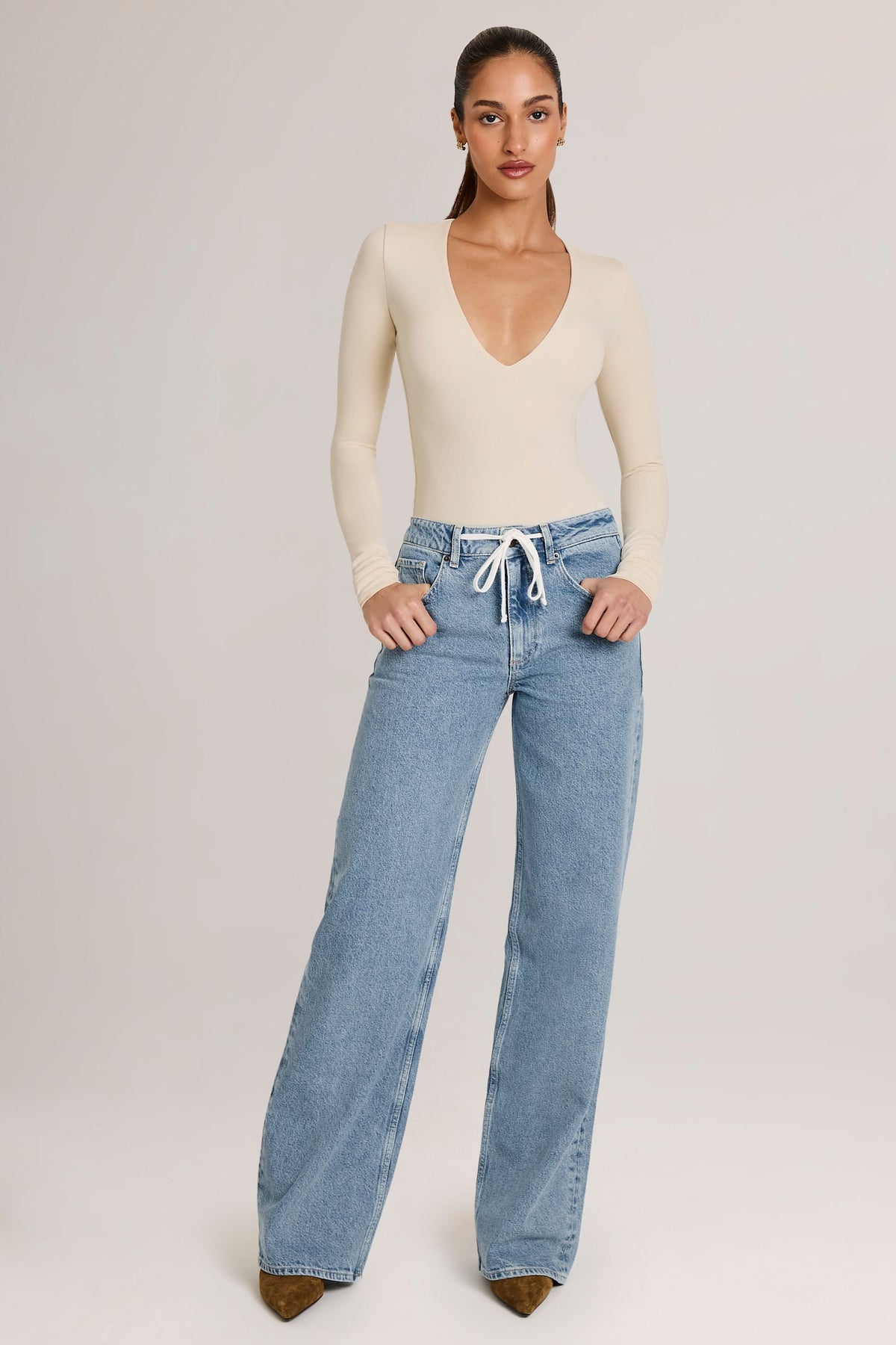 Chic Modal Plunge Long-Sleeve Bodysuit in Ivory