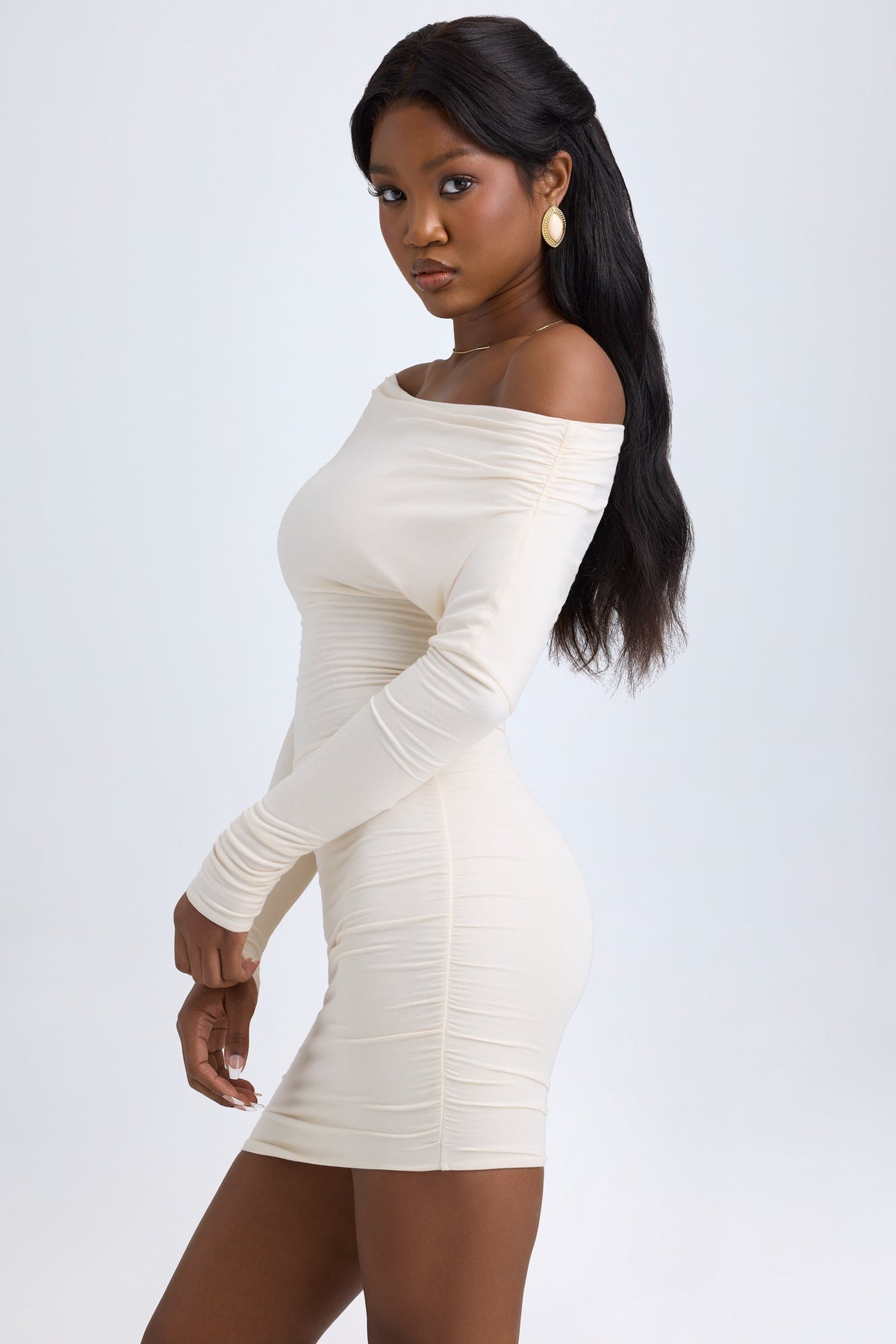 Chic Modal Off-Shoulder Ruched Mini Dress in Ivory