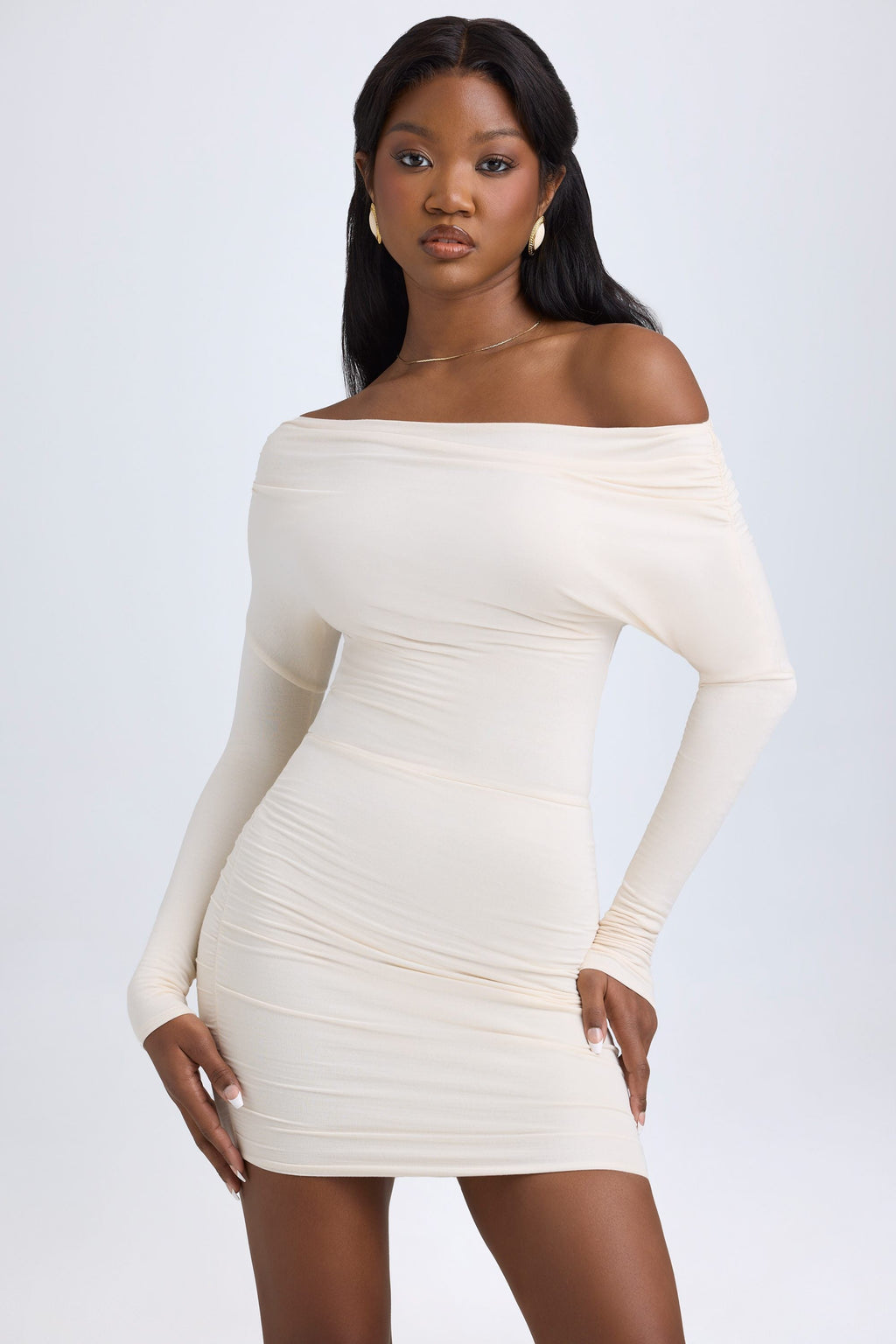 Chic Modal Off-Shoulder Ruched Mini Dress in Ivory
