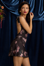 Chic Draped Open-Back A-Line Mini Dress in Black Floral Print