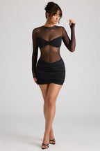 Chic Sheer Panelled Long Sleeve Mini Dress in Black