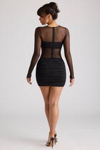 Chic Sheer Panelled Long Sleeve Mini Dress in Black
