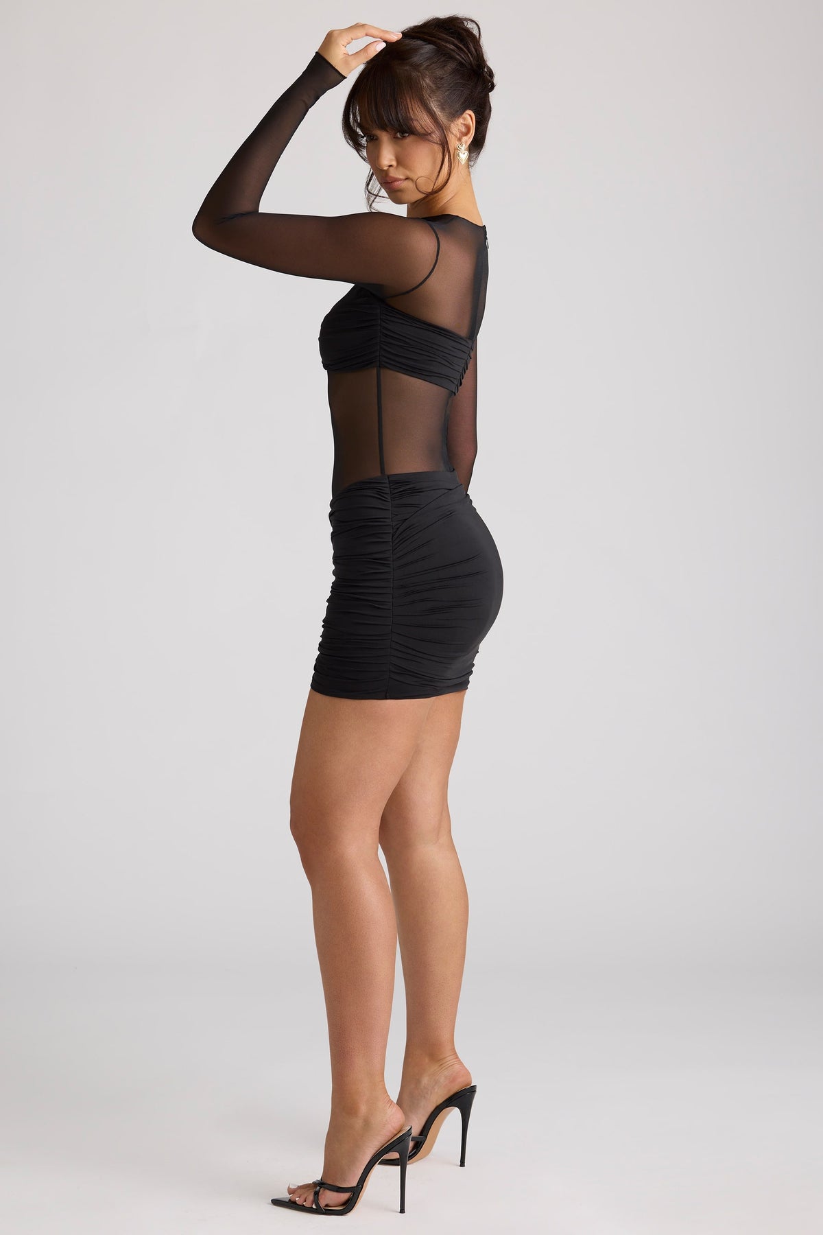 Chic Sheer Panelled Long Sleeve Mini Dress in Black