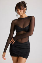 Chic Sheer Panelled Long Sleeve Mini Dress in Black