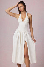 Chic Modal Broderie Anglaise Halterneck Midaxi Dress in White