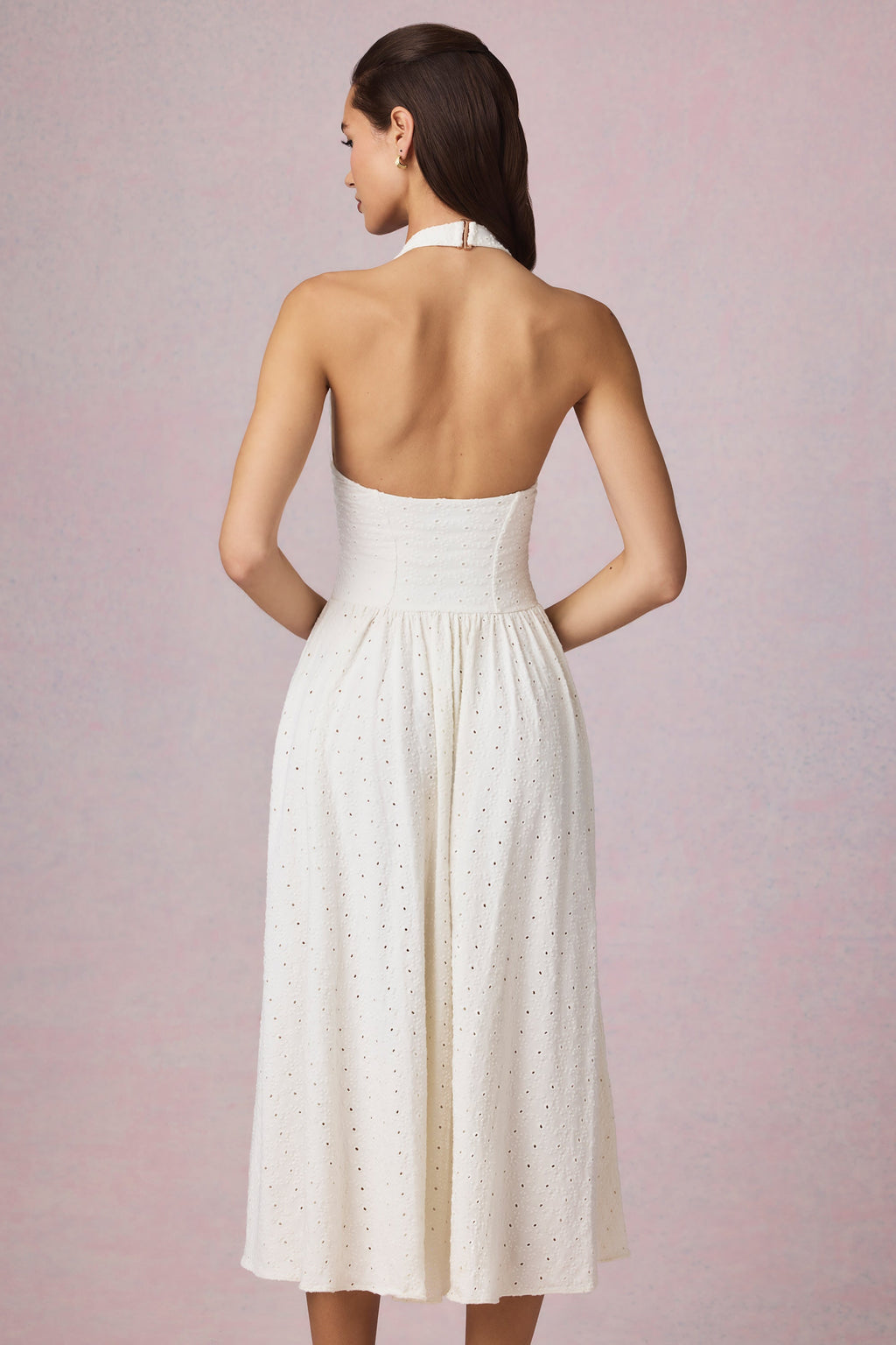 Chic Modal Broderie Anglaise Halterneck Midaxi Dress in White