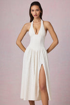 Chic Modal Broderie Anglaise Halterneck Midaxi Dress in White