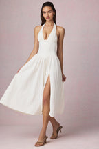 Chic Modal Broderie Anglaise Halterneck Midaxi Dress in White