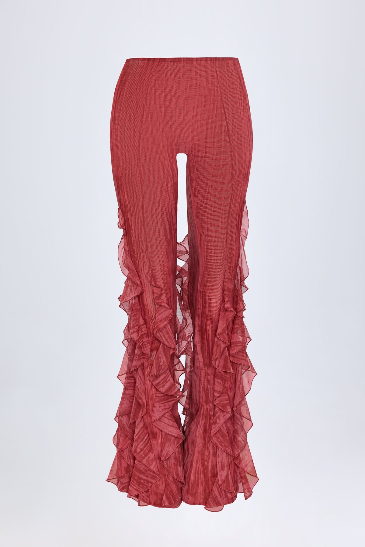 Chic Ruffled Mid-Rise Flared Trousers in Red Print