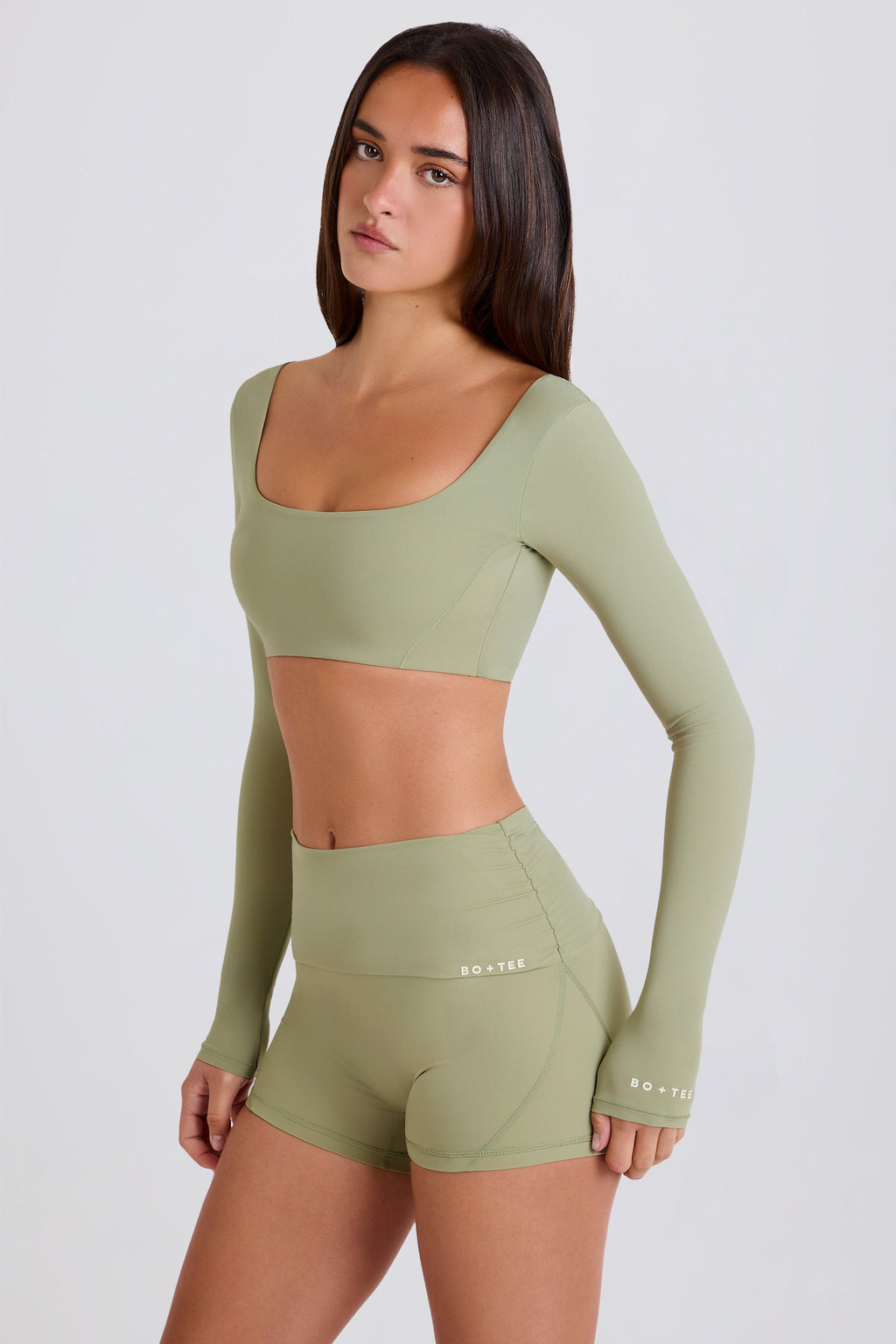 Chic Foldover Mid-Rise Mini Shorts in Matcha