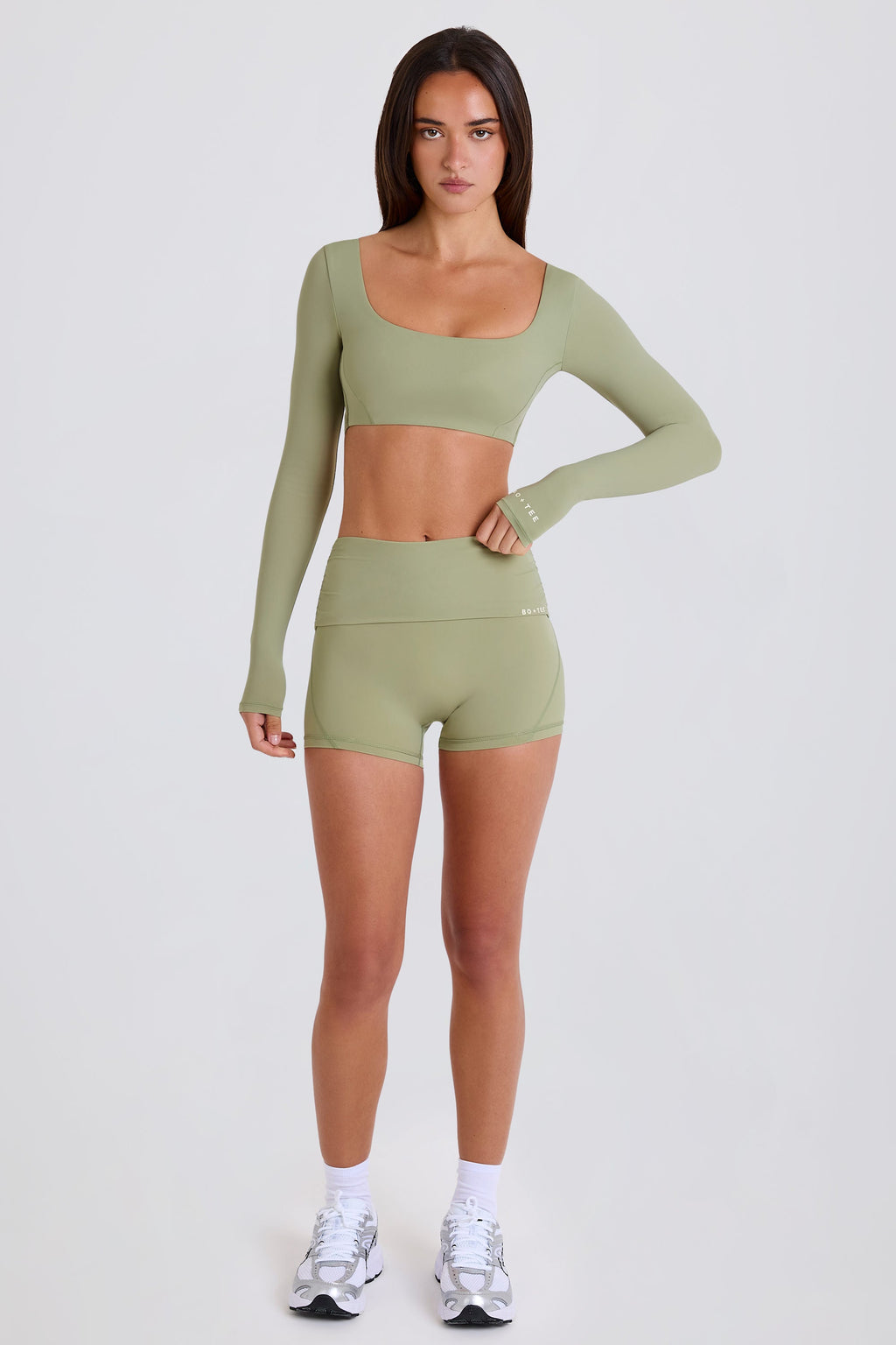 Chic Foldover Mid-Rise Mini Shorts in Matcha