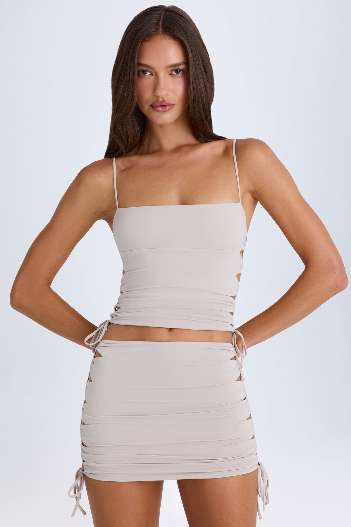 Chic Ruched Cut-Out Mini Skirt in Taupe
