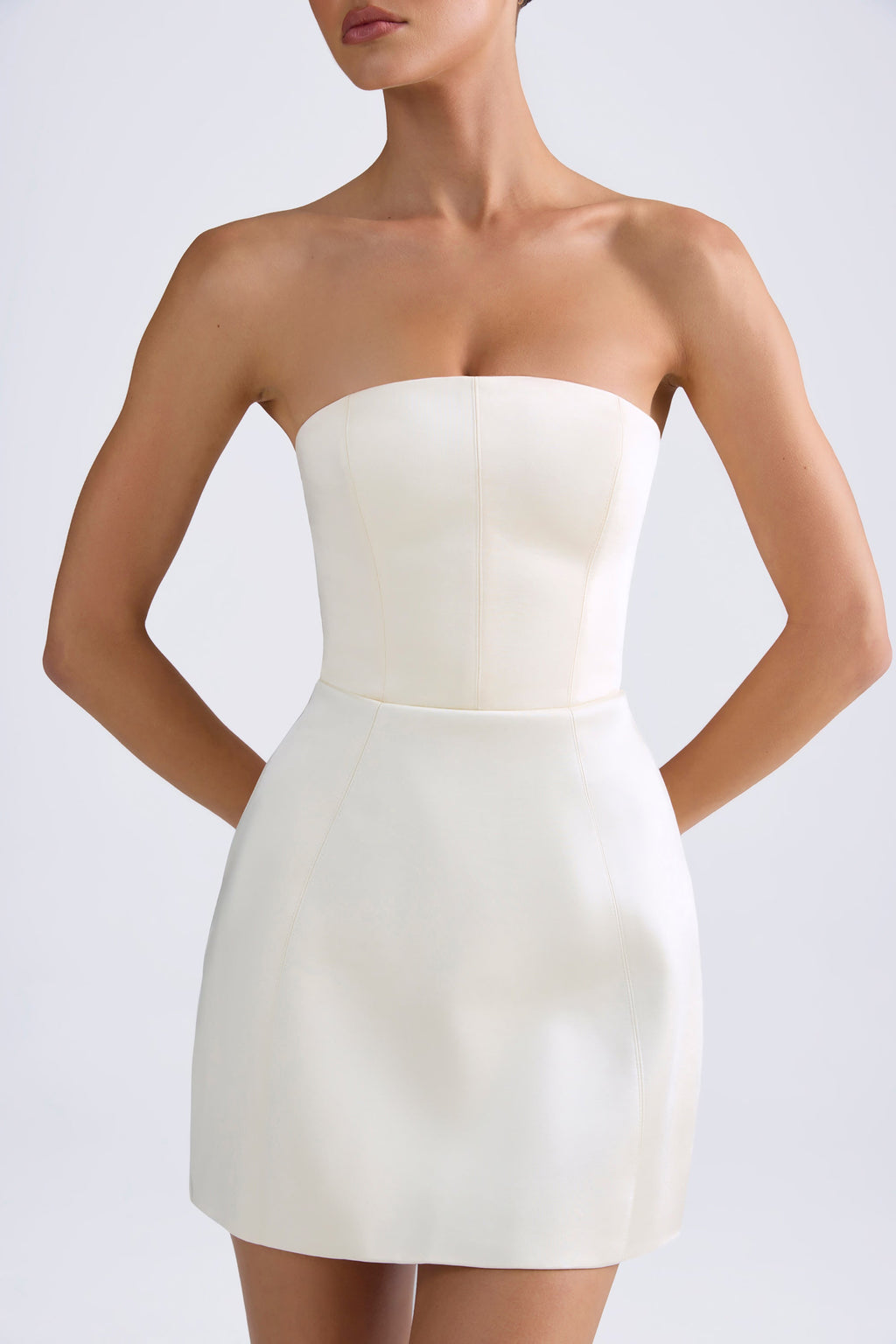 Chic Bandeau Structured Tulip Mini Dress in Ivory