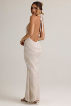 Chic Modal Halterneck Maxi Dress in Pink Yellow Stripe