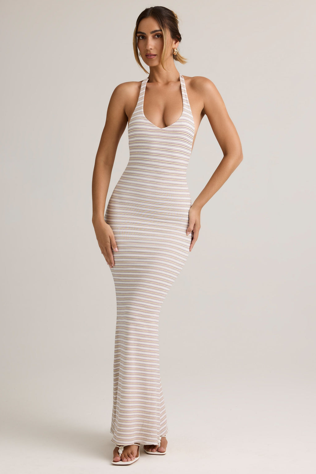 Chic Modal Halterneck Maxi Dress in Pink Yellow Stripe