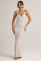Chic Modal Halterneck Maxi Dress in Pink Yellow Stripe