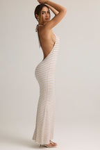 Chic Modal Halterneck Maxi Dress in Pink Yellow Stripe