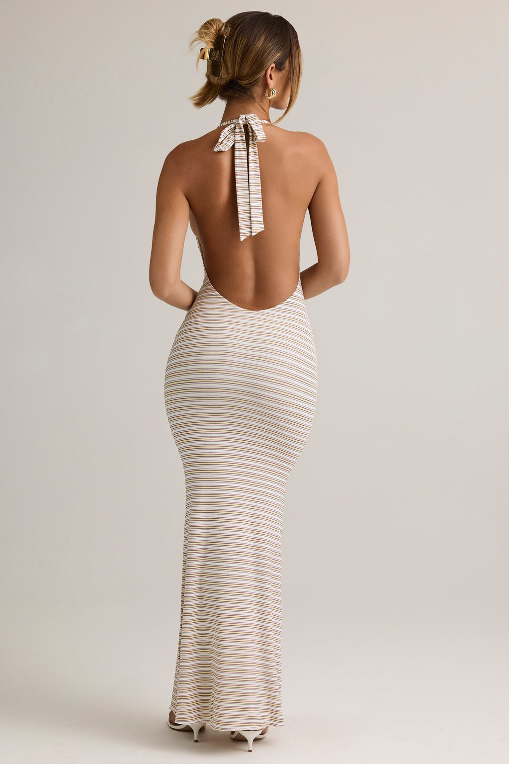 Chic Modal Halterneck Maxi Dress in Pink Yellow Stripe