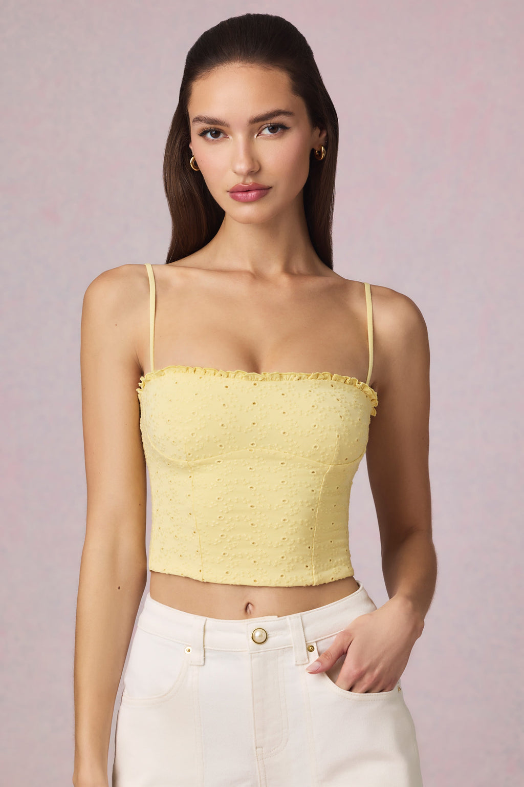 Chic Modal Broderie Anglaise Camisole Top in Lemon Yellow