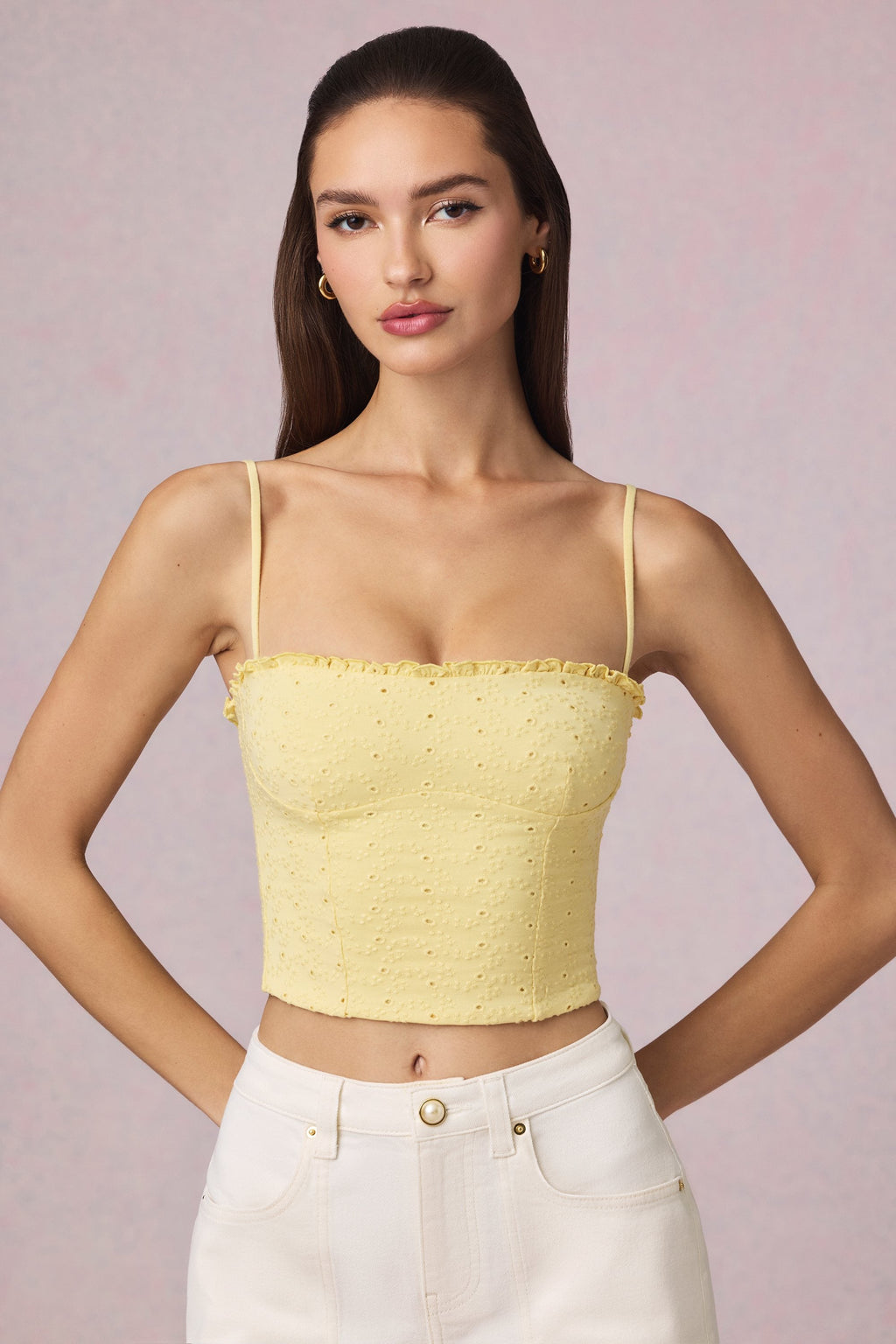 Chic Modal Broderie Anglaise Camisole Top in Lemon Yellow