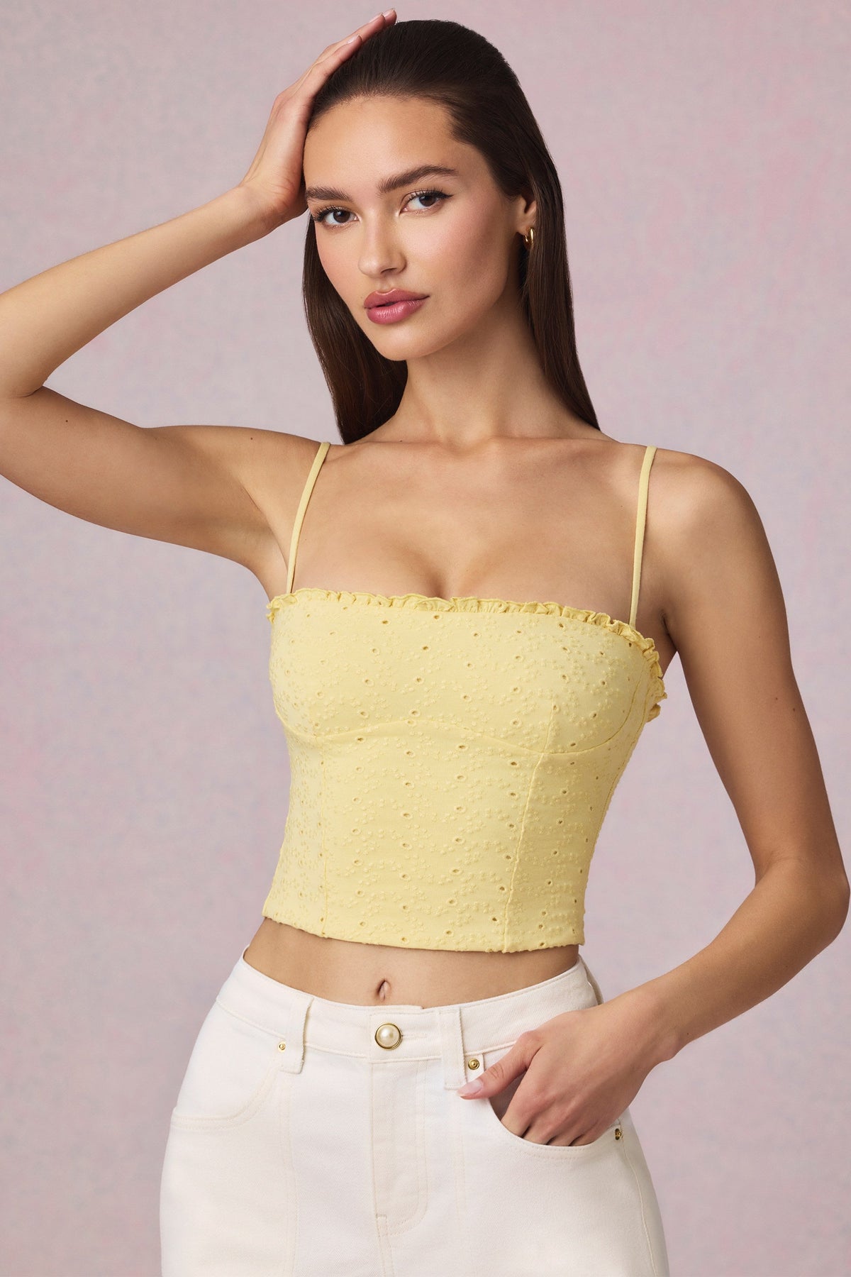 Chic Modal Broderie Anglaise Camisole Top in Lemon Yellow