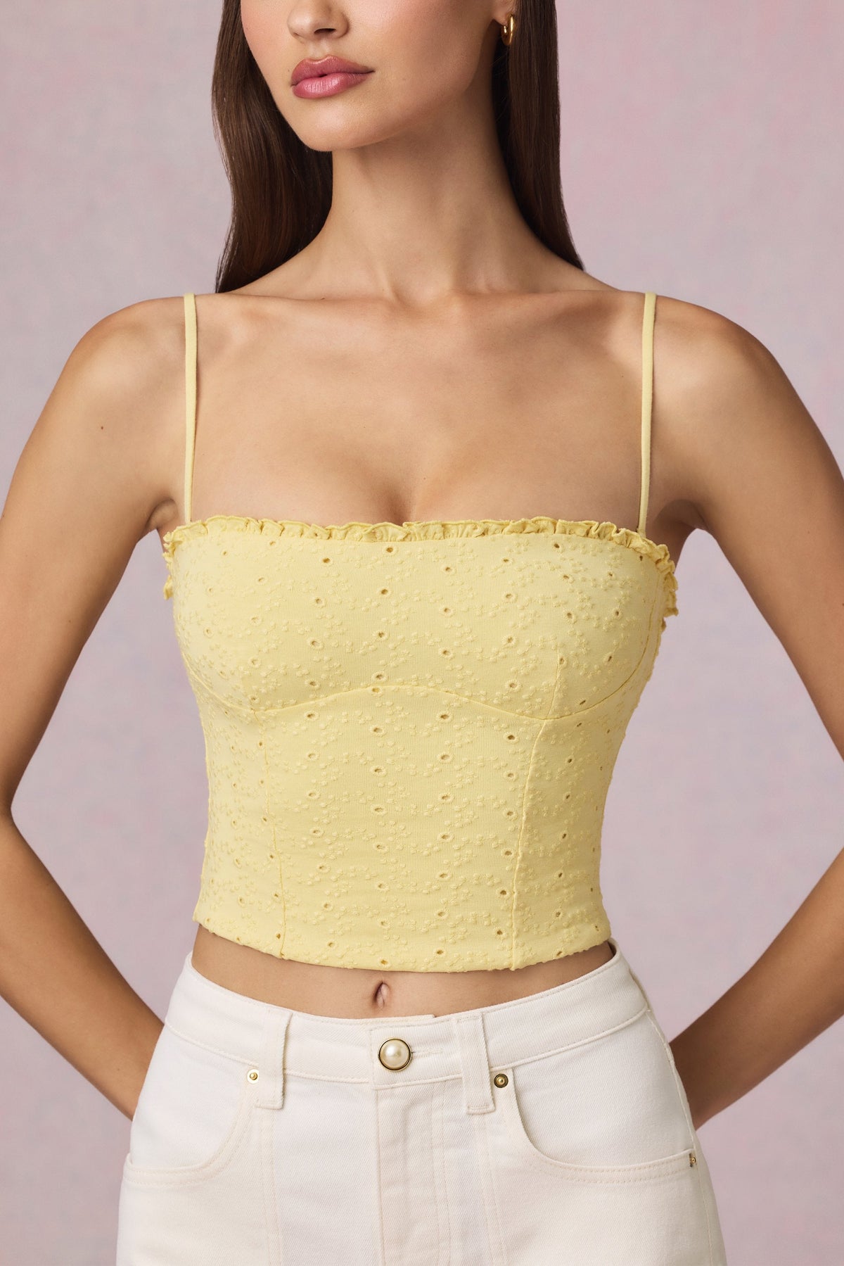Chic Modal Broderie Anglaise Camisole Top in Lemon Yellow