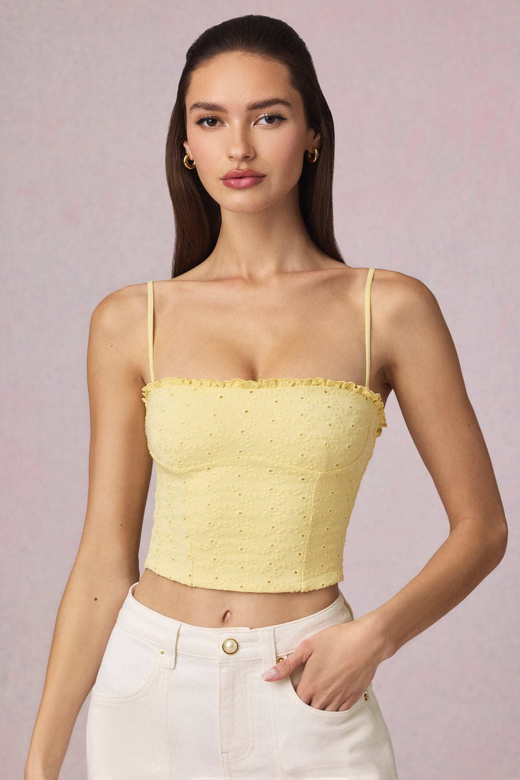 Chic Modal Broderie Anglaise Camisole Top in Lemon Yellow